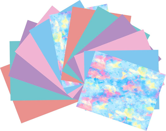 QuuCut Heat Transfer Vinyl Bundle: 12 Pack 12" x 10" Sheets, Watercolor Pattern and 5 Assorted Full Matte Pastel, HTV Vinyl for T-Shirts, Iron on Vinyl for Cricut & Silhouette - Easy to Cut & Weed