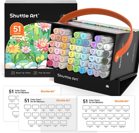 Shuttle Art Pastel Alcohol Markers Brush tip, Dual Tip Brush & Fine Tip Art Marker Set, 50 Colors plus 1 Blender Marker Pens with Case Perfect for Illustration Kids Students Adults Coloring Sketching