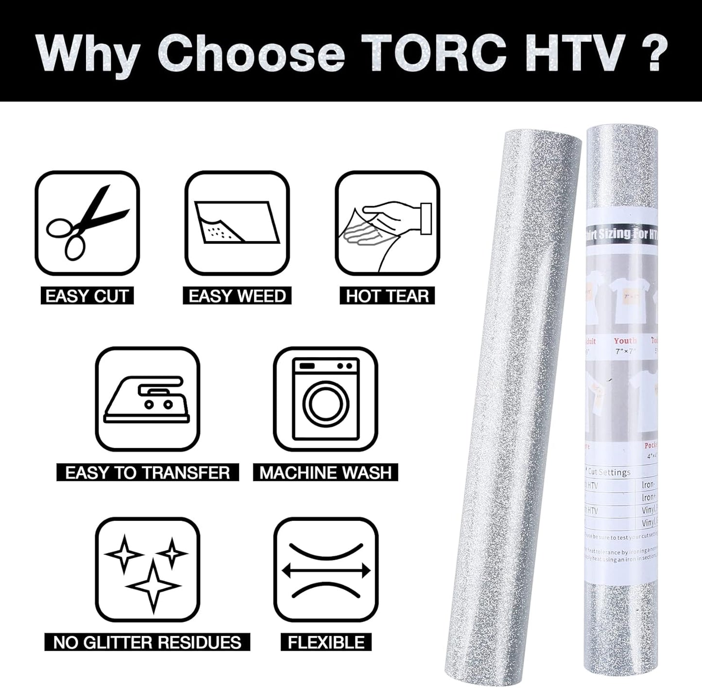 TORC Silver Glitter HTV Heat Transfer Vinyl Roll 12 inch x 5 ft Iron on Vinyl for T Shirts Crafts