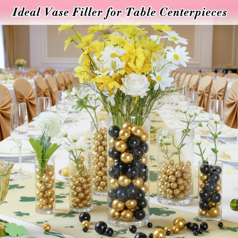 Pearl Beads No Hole Pearls for Crafting 180 Pcs Fake Pearls Faux Pearls for DIY Crafts Jewelry Making Vase Filler Floating Candle Wedding Birthday Party Home Decorations (Black & Gold, 8/10/14/20mm)