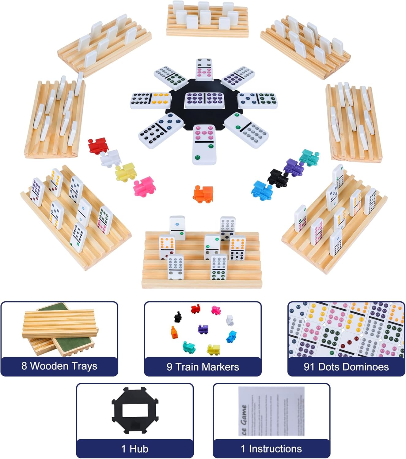 Mexican Train Dominoes Set with 8 Wooden Holders, Double 12 Dominoes Set for Adults, 91 Tiles Colored Dominos Set for Kids Family Night Board Games, Mexican Train Games for 2-8 Players