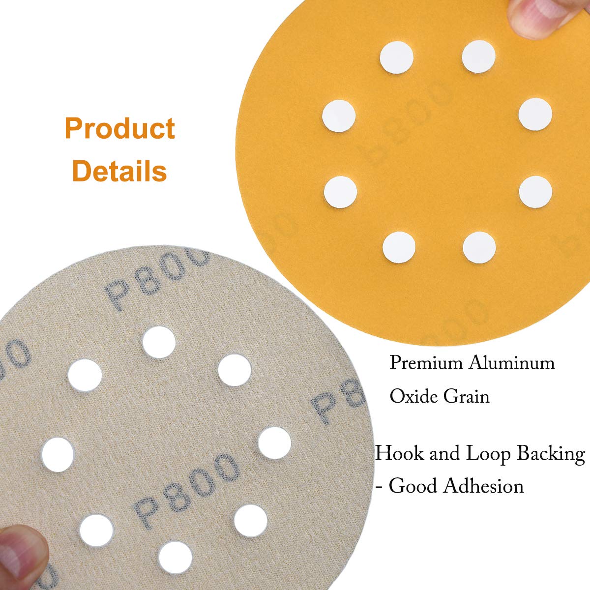 5-Inch 8-Hole Hook and Loop Sanding Discs 800-Grit Random Orbit Sandpaper, 50-Pack