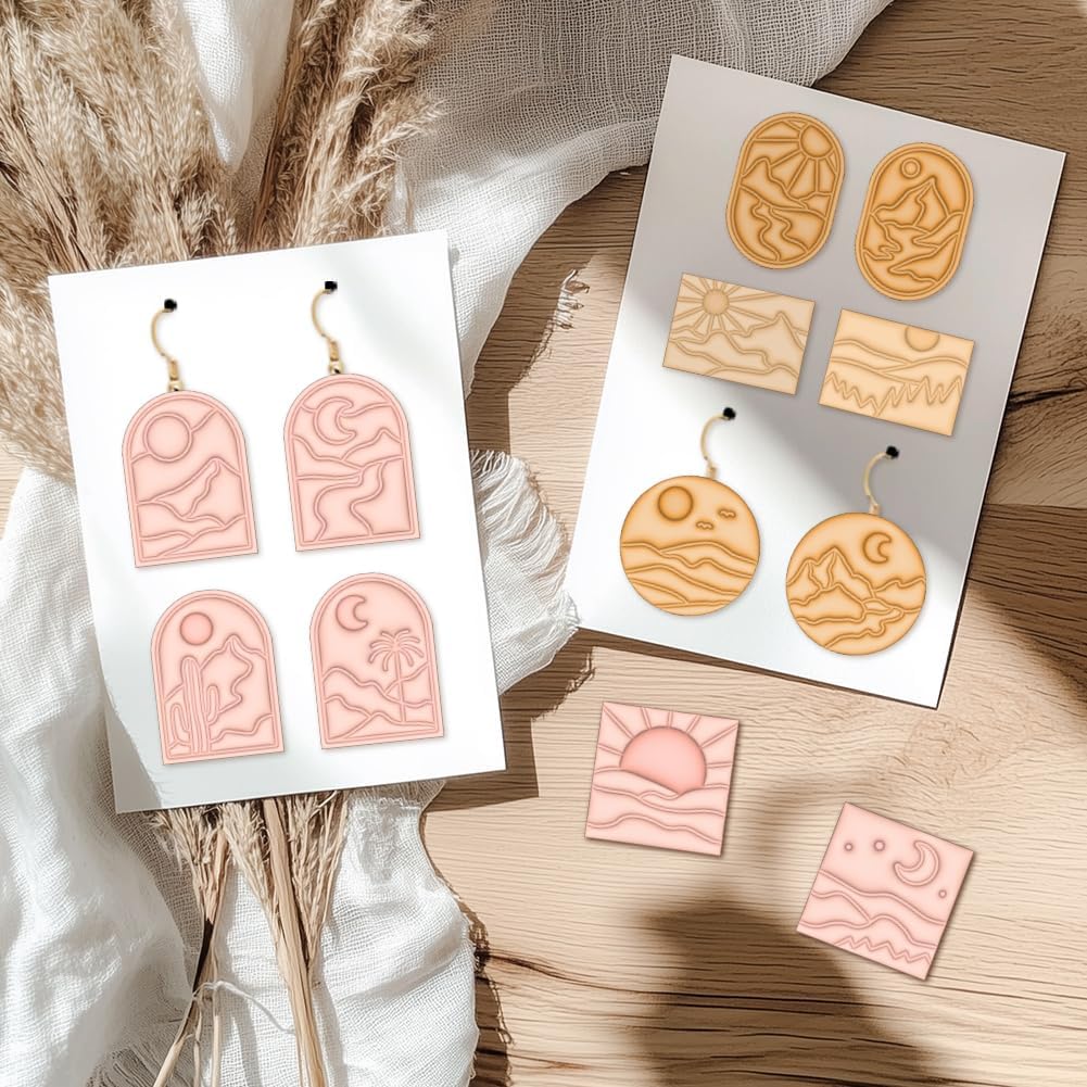 ACRNIGHEET Boho Clay Cutters - 16 Shapes Sun and Moon, Landscape Polymer Clay Cutters for Jewelry, Earring Making Kit With Storage Box