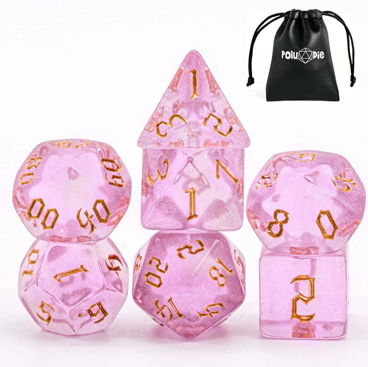 7-Die DND Dice Set Polyhedral Dice Set with a Leather Dice Bag, D&D Dice Set for Dungeons and Dragons, RPG Table Games (Pink/G)