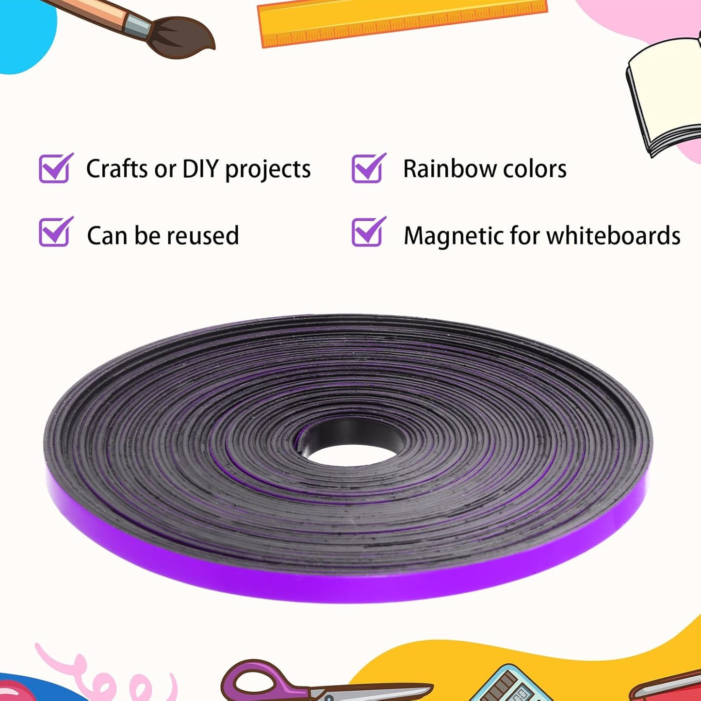 Magnetic Tape Roll Thin Strips, 0.39 Inch x 66 Feet Magnetic Board Dividers Whiteboard Graphic Decorative Tape Marking Line for Classroom Office Art Accessories(Purple)