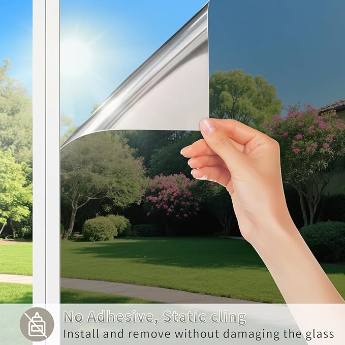Filmgoo Window Privacy Film One Way Daytime Mirror Tint Treatments UV Heat Control Vinyl Stickers Sun Block Glass Paper Door Covering Reflective 35.4 Inch x 32.8 Feet Black Silver