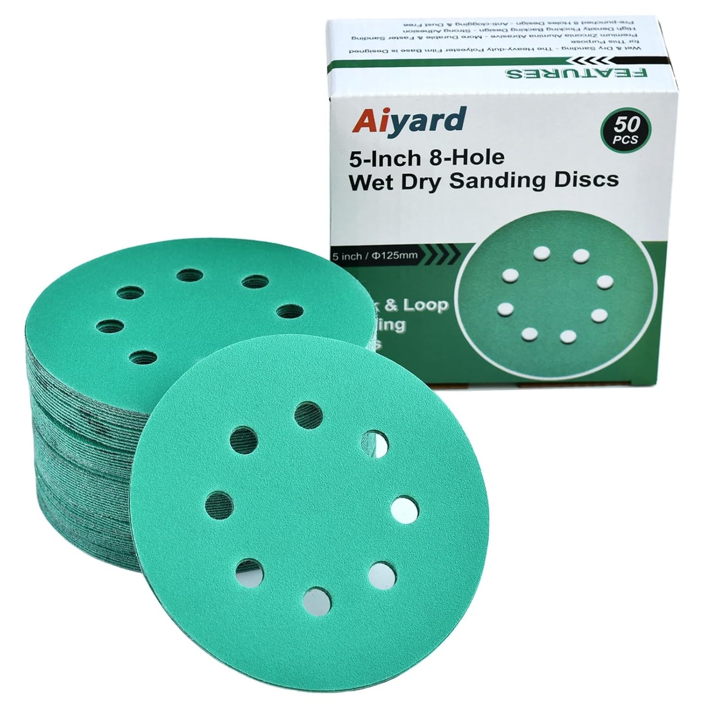 5-Inch 8-Hole Wet Dry Sanding Discs 180 Grit, Polyester Film Backed Heavy-Duty Hook and Loop Sandpaper for Random Orbital Sander, 50-Pack