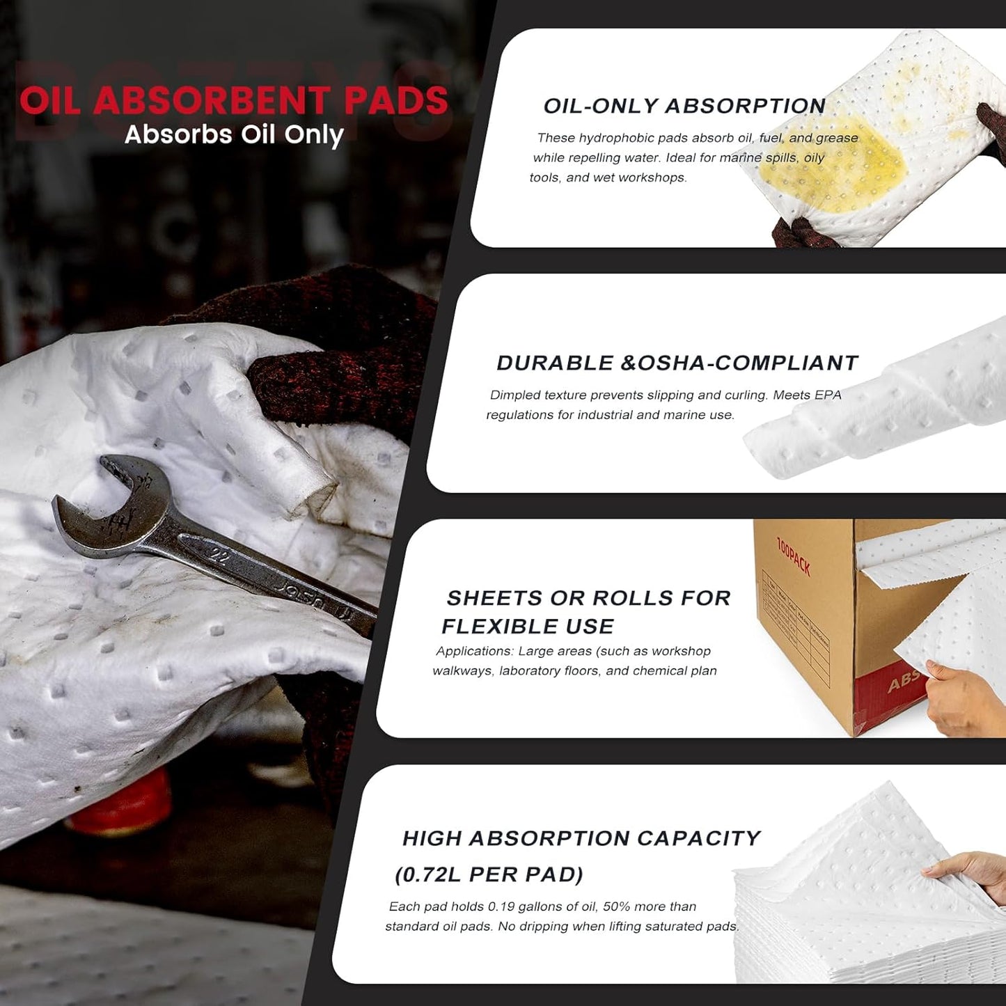 Oil Absorbent Pads Roll | 16"x20" Oil-Only Spill Mat 100-Pack | Industrial Spill Control for Oil & Fuel(32 Gal/Box) | Repels Water Absorbing Rolls