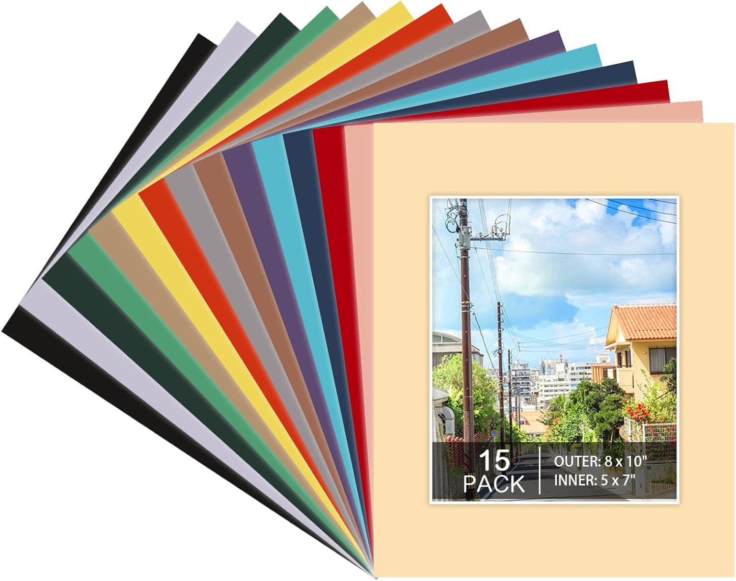Prudiut 15 Pack 8x10 Picture Mats, Mixed Colors Frame Mattes for 5x7 Pictures Photo Frame Mat Core Bevel Cut Mat Board Show Kit for Photos, Prints, Artworks