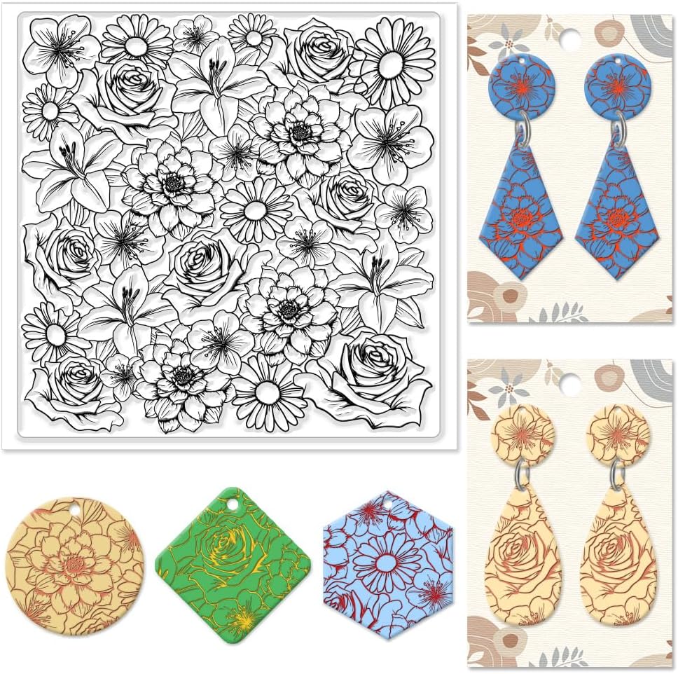 CHGCRAFT Flowers Polymer Clay Texture Sheets Rose Daisy Silicone Texture Stamp Lilies Cherry Blossom Clay Modeling Pattern Pad Texture Sheets for Polymer Clay Making Earrings Jewelry