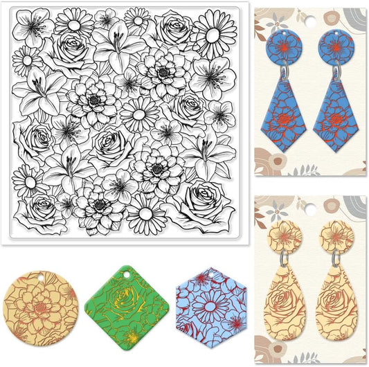 CHGCRAFT Flowers Polymer Clay Texture Sheets Rose Daisy Silicone Texture Stamp Lilies Cherry Blossom Clay Modeling Pattern Pad Texture Sheets for Polymer Clay Making Earrings Jewelry