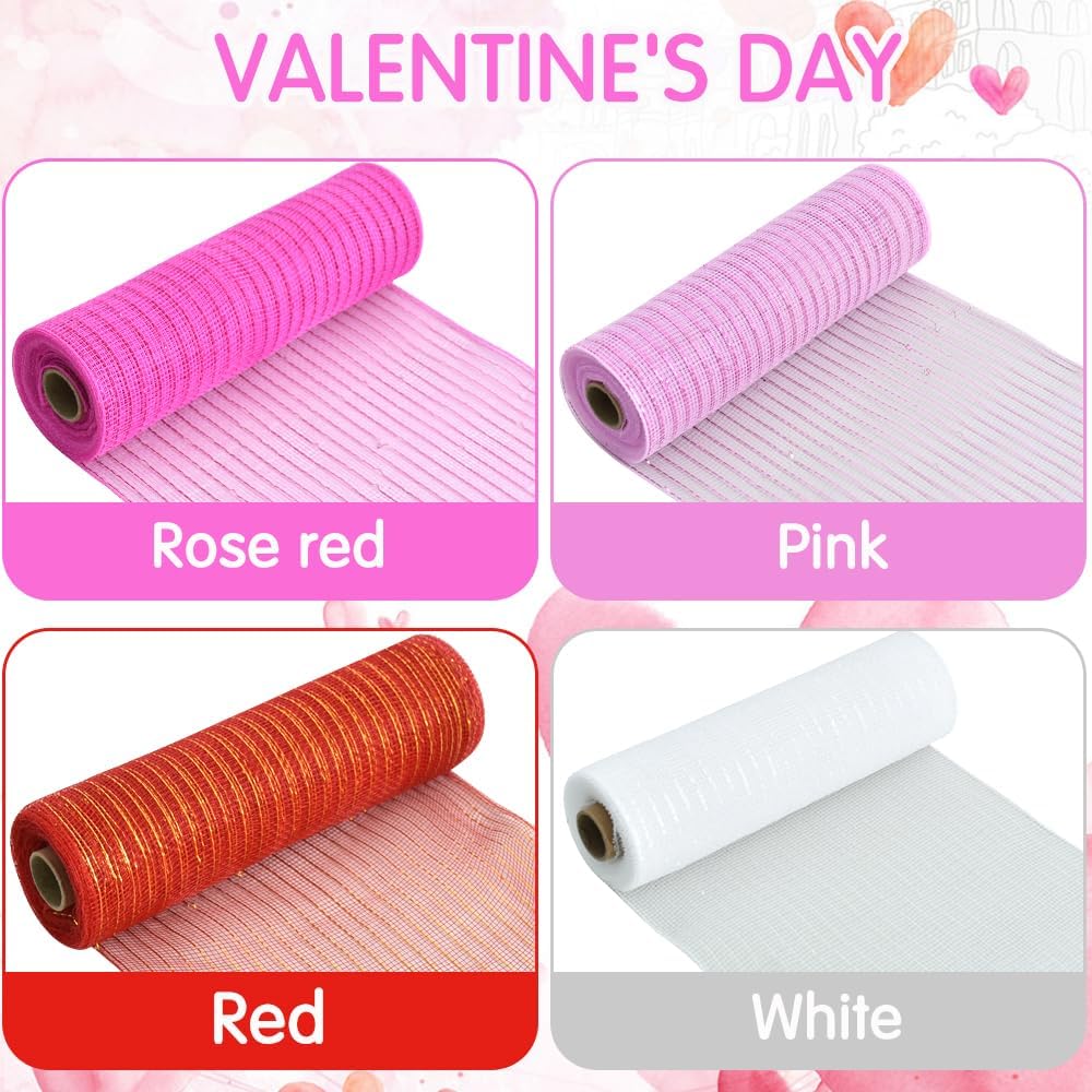 TONIFUL 4 Rolls 10 Inch Red/Pink/White Decorative Mesh Ribbbon Rolls, for Wreath Supplies Front Door Wreath Crafts Tree Decor Christmas NewYears Valentine's Day Decoration (30ft/roll, 120ft/Set)