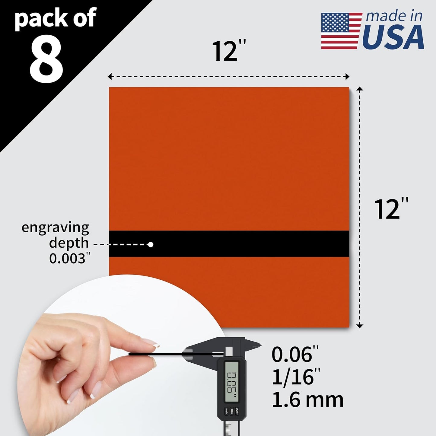 Trotec TroLase | 12"x12"x1/16", 8 Pcs | Orange/Black | 2 Ply | Modified Acrylic | Laser Engraving Double Color Plastic Sheet | Engraving Blanks for Laser, Saw, Guillotine | Made in USA