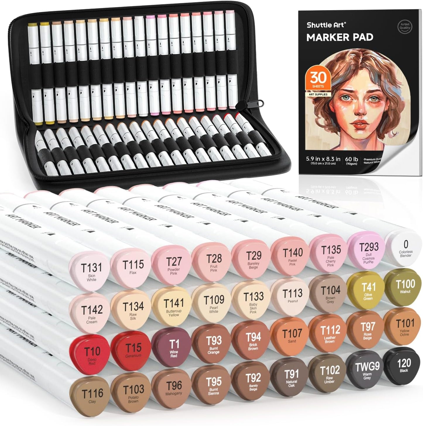 Shuttle Art 36 Colors Skin Tone&Hair Art Markers, Dual Tip Alcohol Based Marker Pen Set Contains 1 Blender 1 Carrying Case 1 Marker Pad Perfect for Kids & Adults Portrait,Comic, Anime, Manga