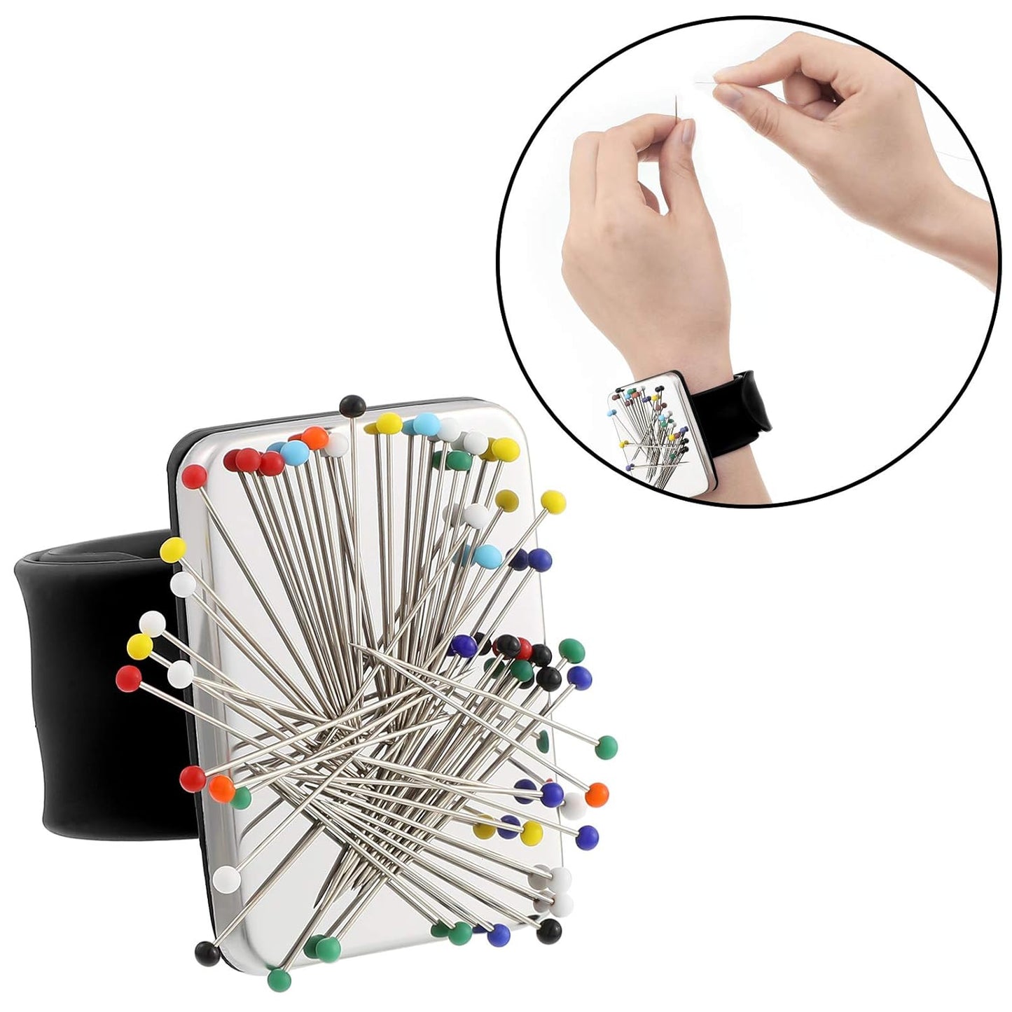WILLBOND Magnetic Wrist Sewing Pincushion Wrist Magnetic Pin Holder Wristband Pin Cushion Holder with 3 Pcs Stainless Steel Pintail Comb Rat Tail Comb for Hair Clips Hand Sewing(Black)