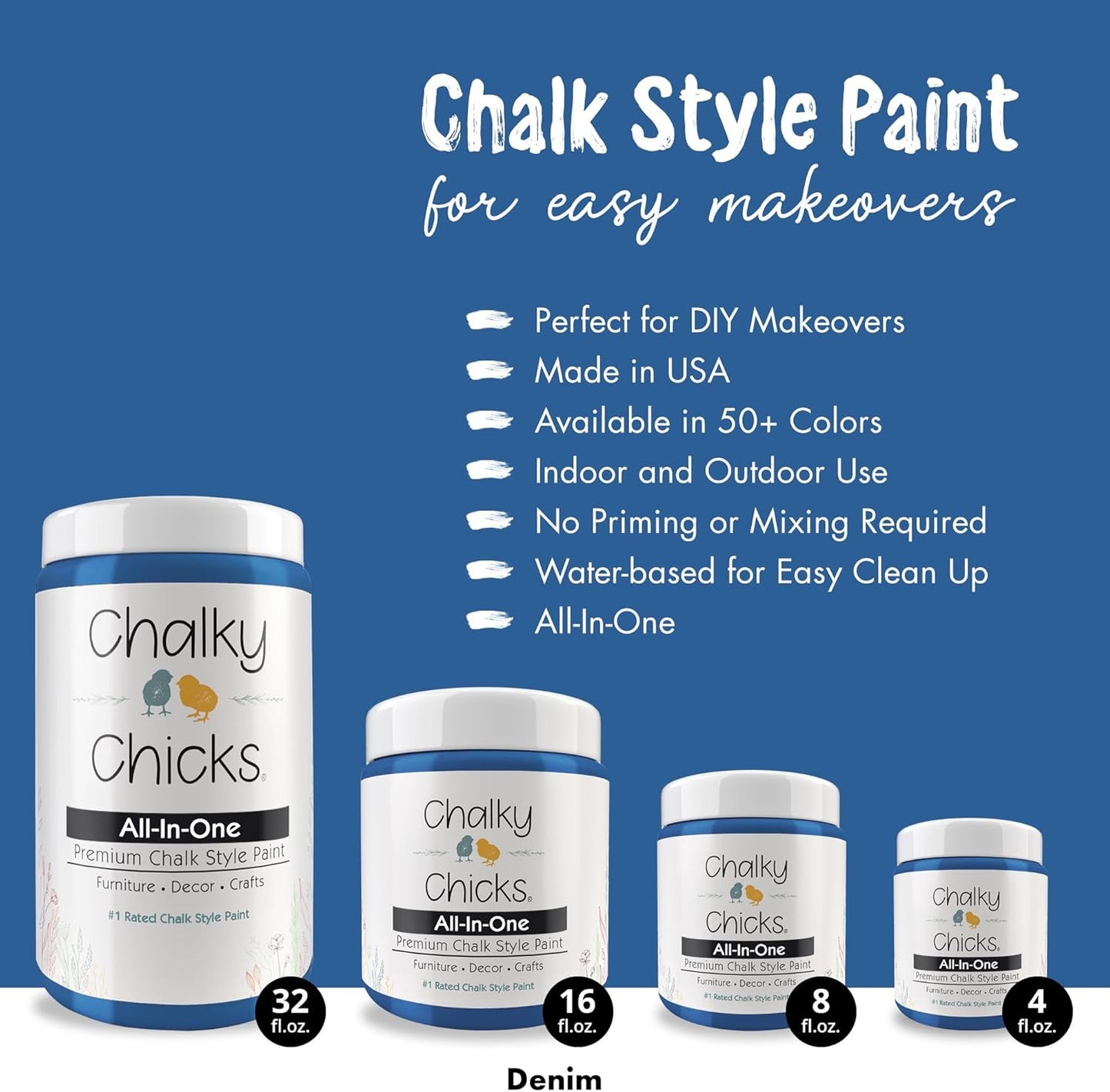 Chalky Chicks All-in-One Chalk Paint for Furniture or Cabinet - 4 Fl Oz - Matte Finish Denim (Navy Blue) for Metal, Wood Furniture Paint - No Sanding All-in-One for Home Decor & Crafts, USA Made