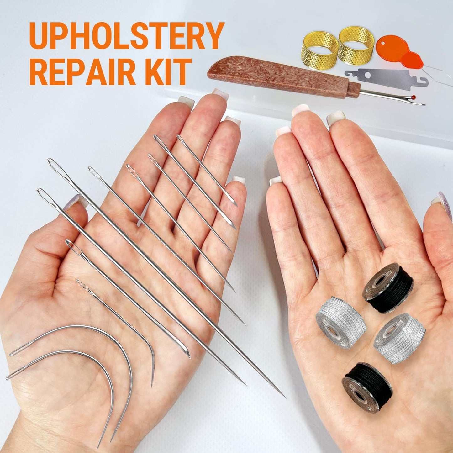 VONEEDL Heavy Duty Sewing Needles (11 PCS) & Waxed Thread (2 Black and 2 Grey Colors) - Upholstery Repair Kit for Leather, Canvas, Quilting & More