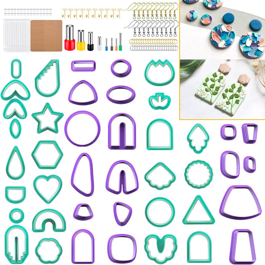 PTFJZ Polymer Clay Cutters for Earring Making - 160pcs Clay Tools Set with Earrings Accessories, 42+8pcs Different Shape Plastic Clay Cutters (Style B- Green+Purple)