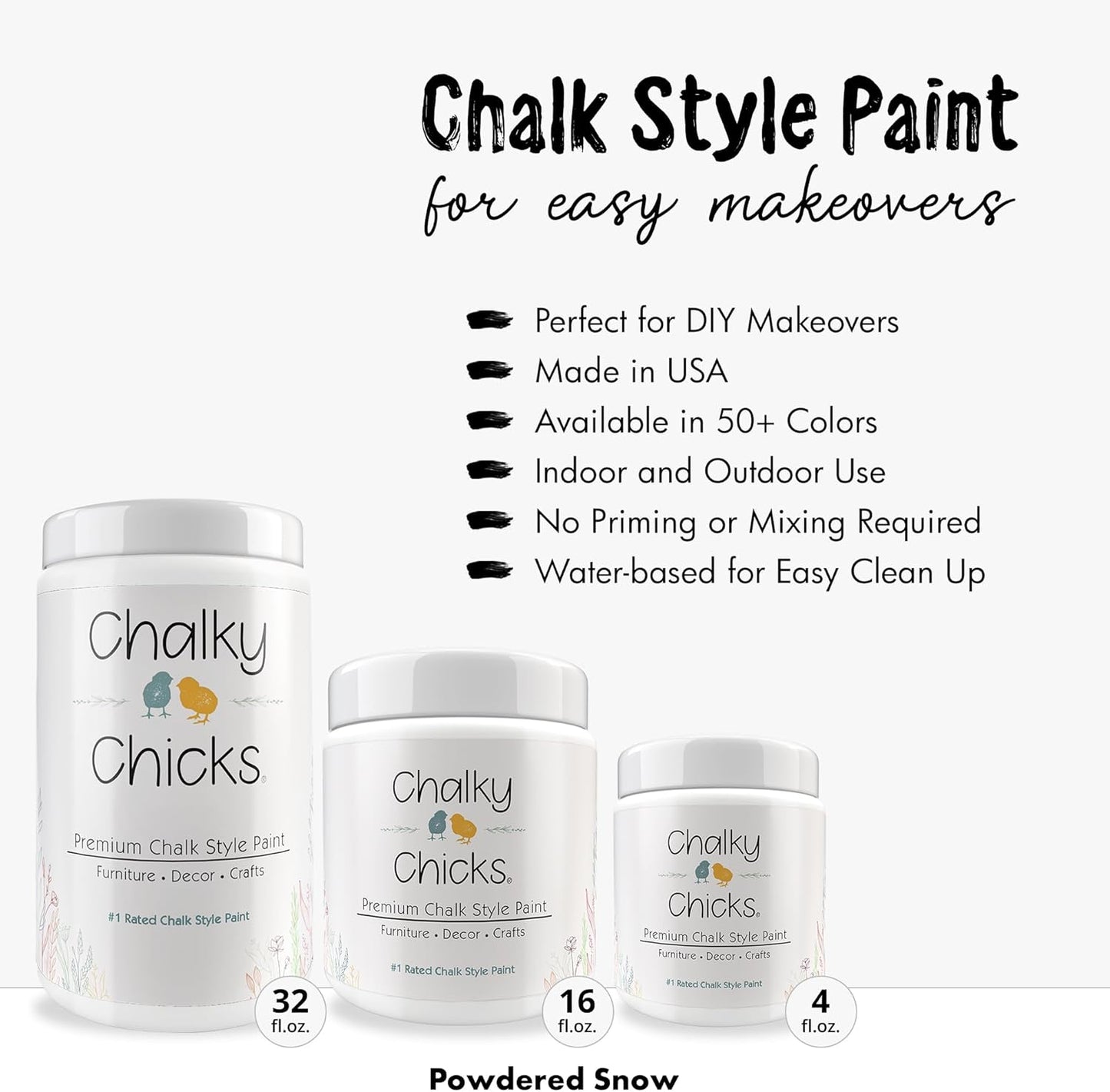 Chalky Chicks All-in-One Chalk Paint for Furniture or Cabinet -16Fl Oz-Matte Finish Powdered Snow (Pure White) for Metal, Wood Furniture Paint - No Sanding All-in-One for Home Decor & Crafts, USA Made