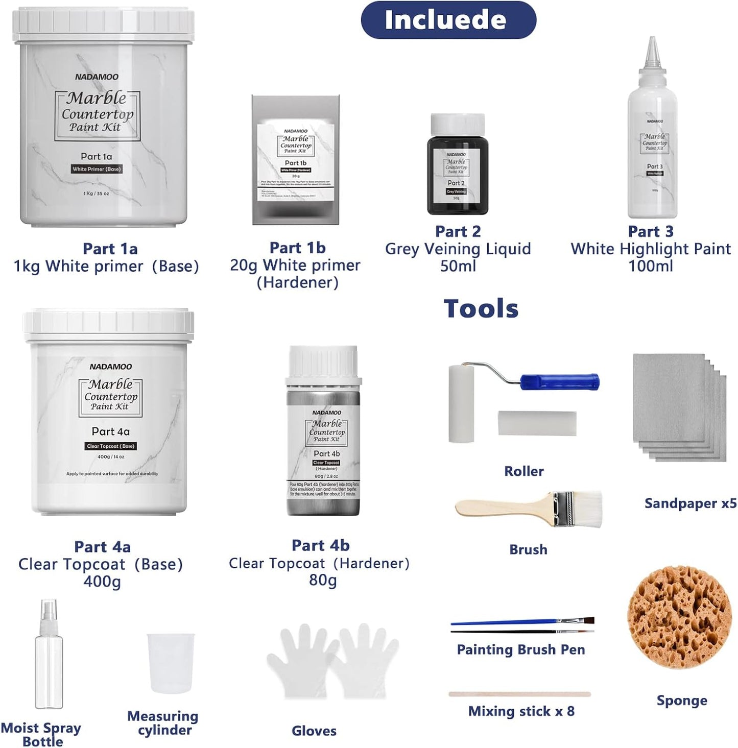 NADAMOO White Marble Countertop Paint Kit for Kitchen Bathroom, Counter Top Refinishing Kit Cover Up to 35 SQ. FT.