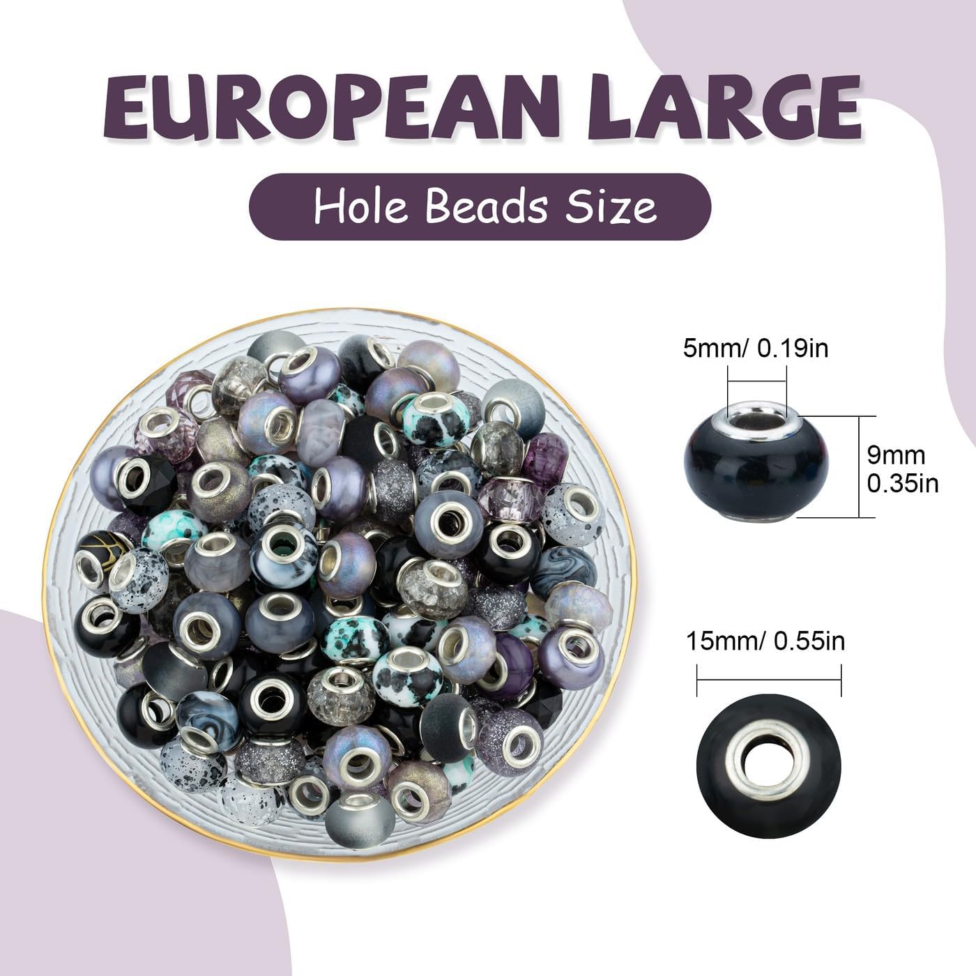 LAIDANLA Black Mix Large Hole Beads, 100pcs 14mm Round Resin, Plastic, Acrylic Loose Beads for Jewelry Making, Crafts & Decoration