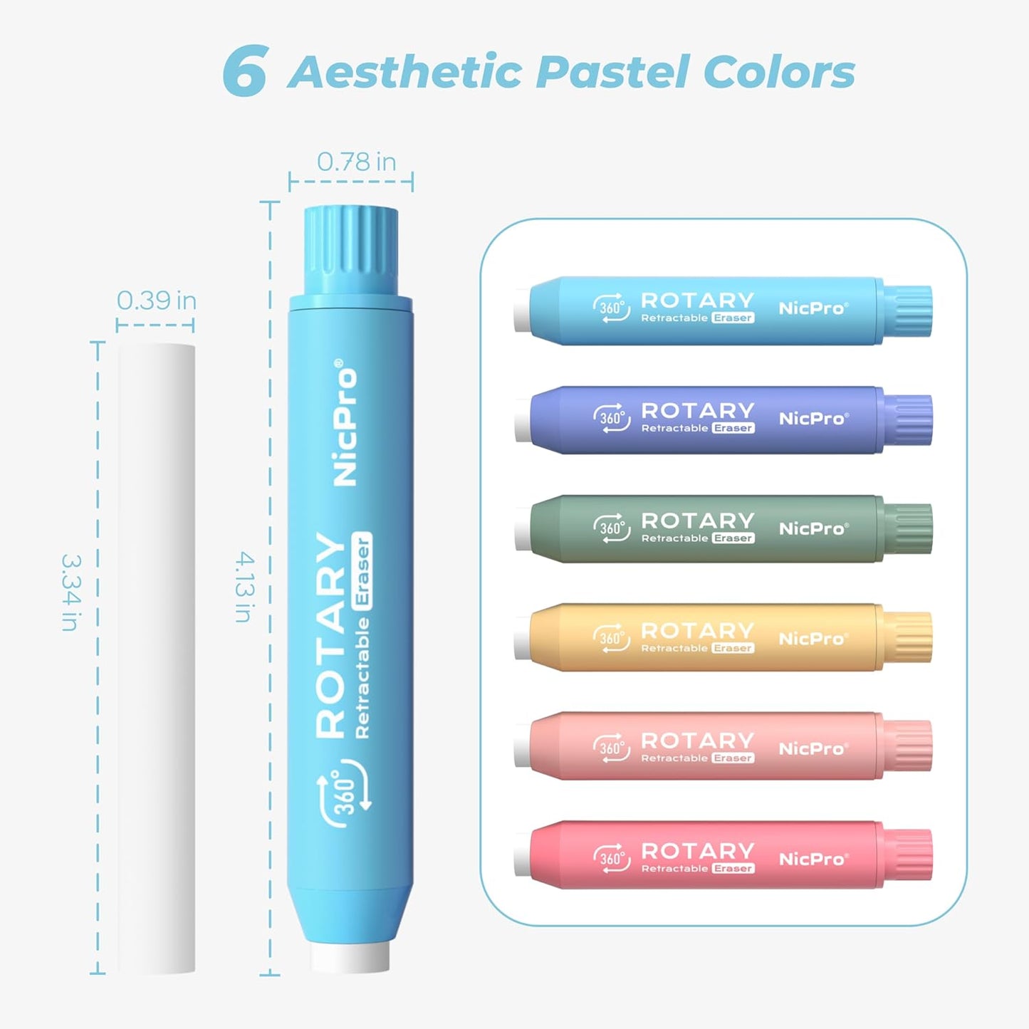 Nicpro 6 Pack Rotary Retractable Erasers Pen Style, Aesthetic Pastel Twist Erasers in Rainbow Colors, Clean Erasing TPE Eraser for School Supplies, Office, Drawing & Journaling