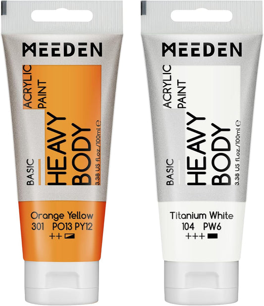 MEEDEN Acrylic Paint Orange Yellow: Bundled with Titanium White Color - 100ml/3.38oz x 2 Bulk Heavy Body Acrylic Paint Tubes for Art Craft Painting