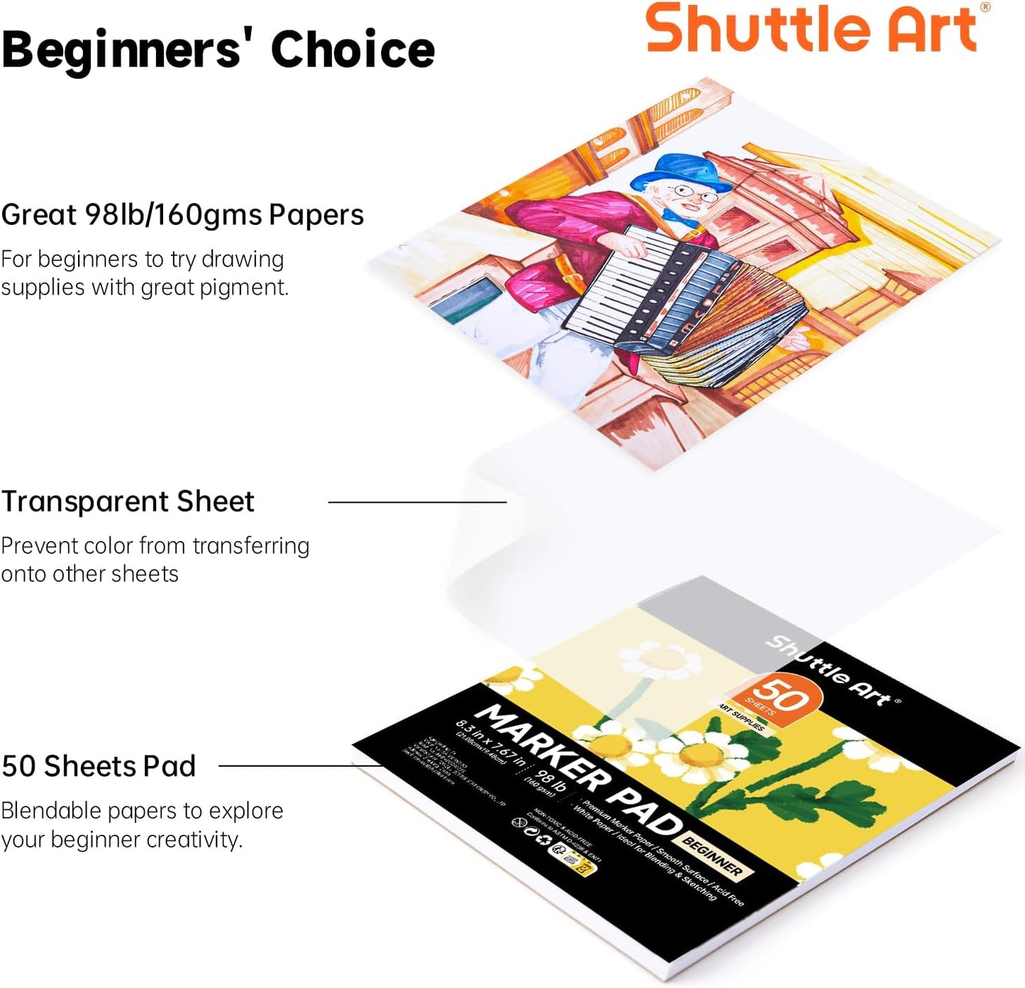Shuttle Art Marker Pad, 8.3”x7.67” Portable Square Sketchbook, 50 Sheets Marker Drawing Paper, 98LB/160GSM Smooth Surface Bleedproof Art Paper, Glue-Bound, Great for Beginners to Draw, Paint & Sketch
