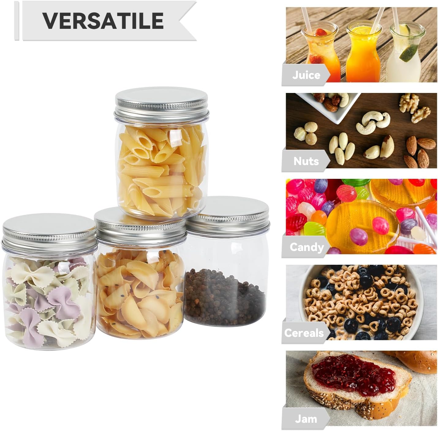 novelinks 8 oz Clear Plastic Jars with Screw-On Lids - BPA-Free Refillable Storage Containers for Slime, Spices, Crafts, Kitchen & Home Organization (16 Pack,Silver)