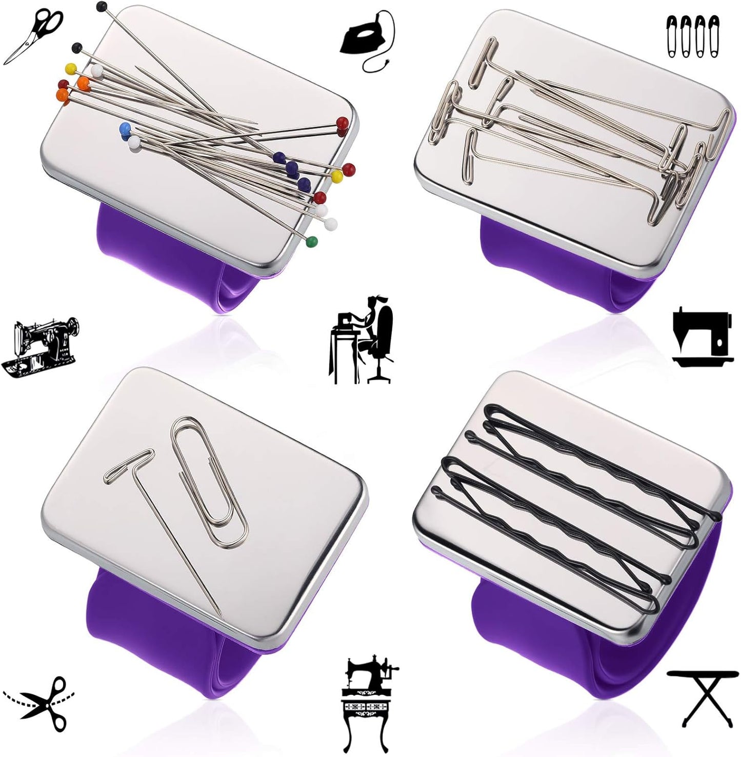 Magnetic Wrist Sewing Pincushion with 100 Pieces 1.5 Inch Ball Head Sewing Pins Set Wrist Magnetic Pin Holder Gift Supplies(Purple)