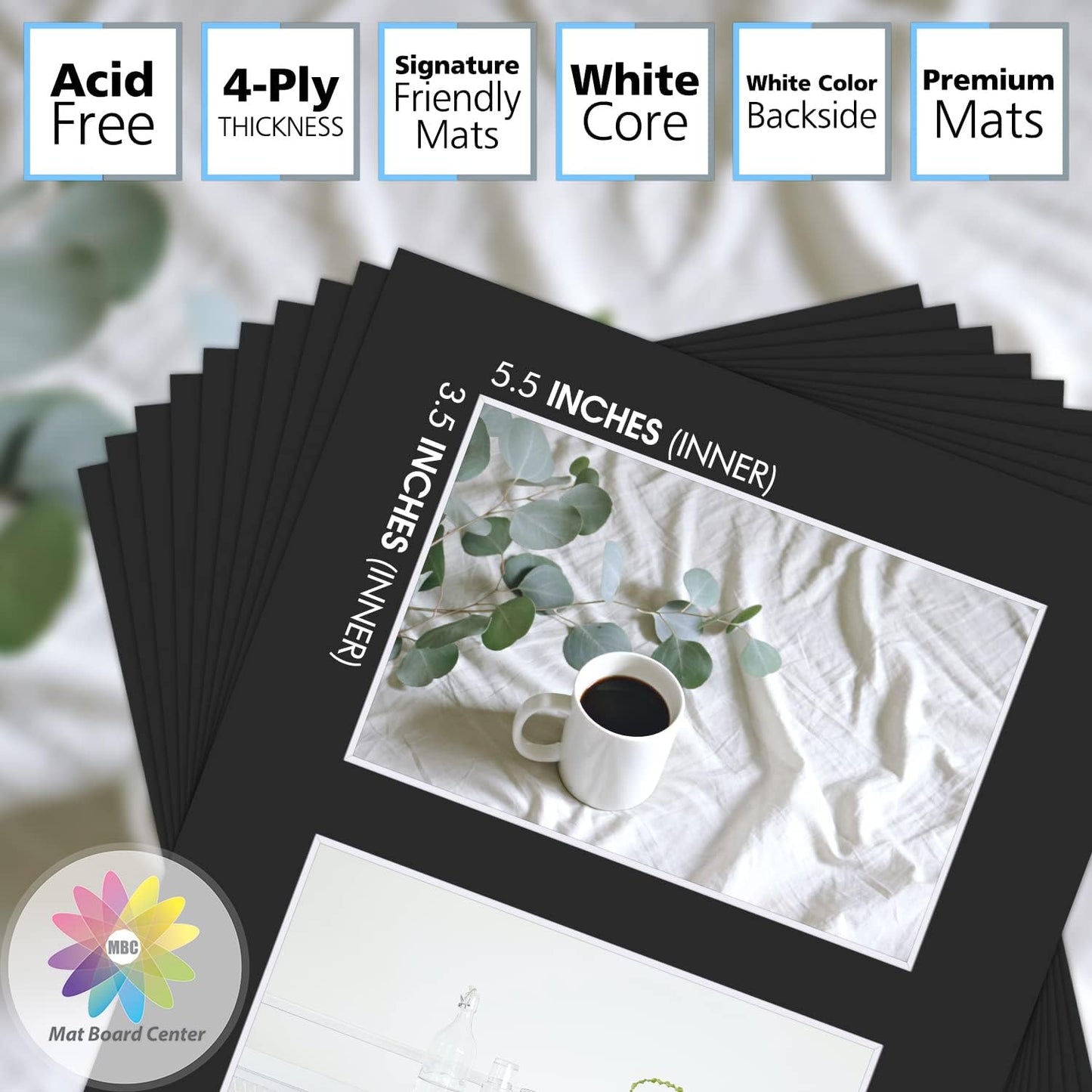 Mat Board Center, Pack of 10, Photo Picture Mats - Acid Free, 4-ply Thickness, White Core - for Pictures, Photos, Framing (8x10 for 2-4x6 Black)