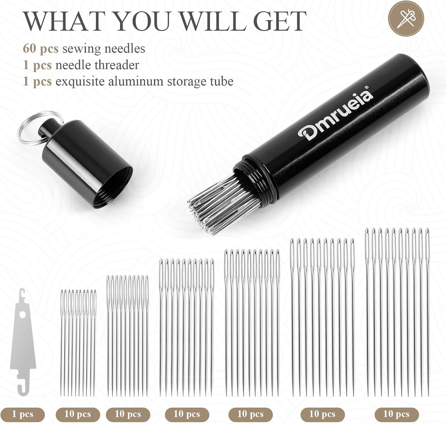 Dmrueia 60 Pcs Large Eye Embroidery Needles, 6 Sizes Hand Sewing Needles, Quilting Needles with Aluminum Tube, Sharp Needles for Art Crafts.