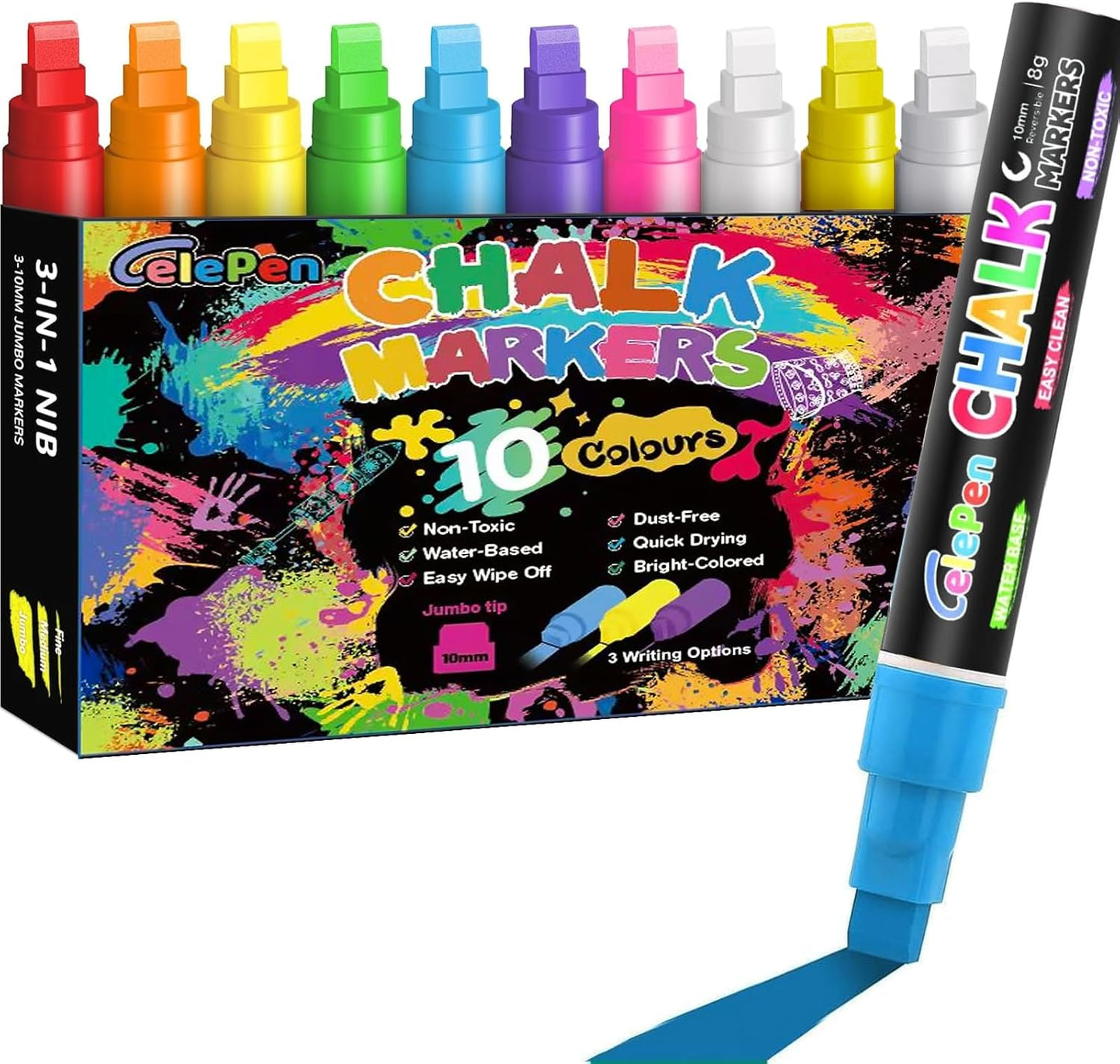 Window Chalk Markers for Cars Glass Washable, 10 Colors Jumbo Liquid Chalk Marker Pens with 10mm 3 in 1 Nib Wide Tips, Big Chalkboard Markers Car Window Paint Pens for Auto, Bistro, Mirror, Poster