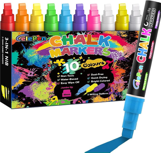Window Chalk Markers for Cars Glass Washable, 10 Colors Jumbo Liquid Chalk Marker Pens with 10mm 3 in 1 Nib Wide Tips, Big Chalkboard Markers Car Window Paint Pens for Auto, Bistro, Mirror, Poster