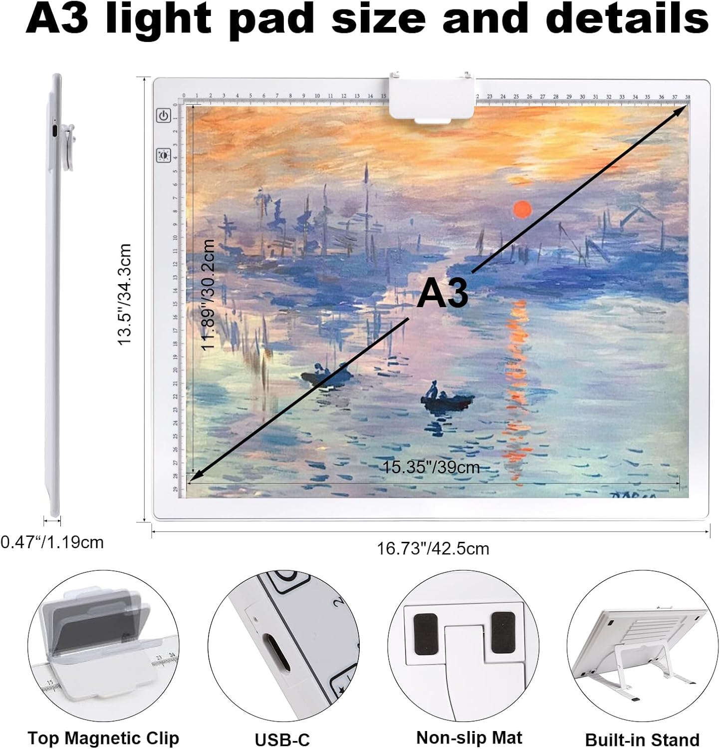 A3 Rechargeable LED Light Pad,Light Box for Tracing with Integrated Stand,3 Light Colors 6 Levels of Brightness and stepless dimming,Light Board for Diamond Painting,Drawing,Artists