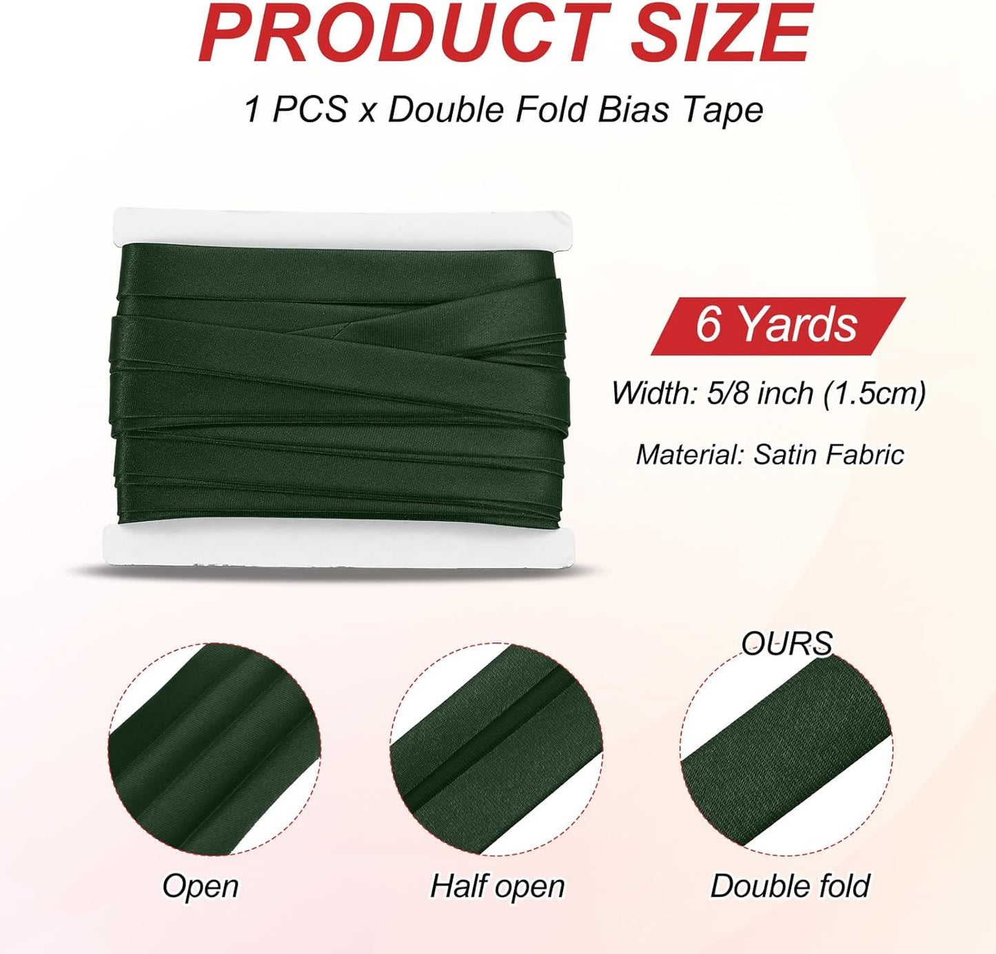 MECCANIXITY Double Fold Bias Tape for Sewing 5/8 Inch x 6 Yards Satin Pre-fold Continuous Binding Tape for Seaming Quilting Hemming Binding DIY Crafts, Deep Green
