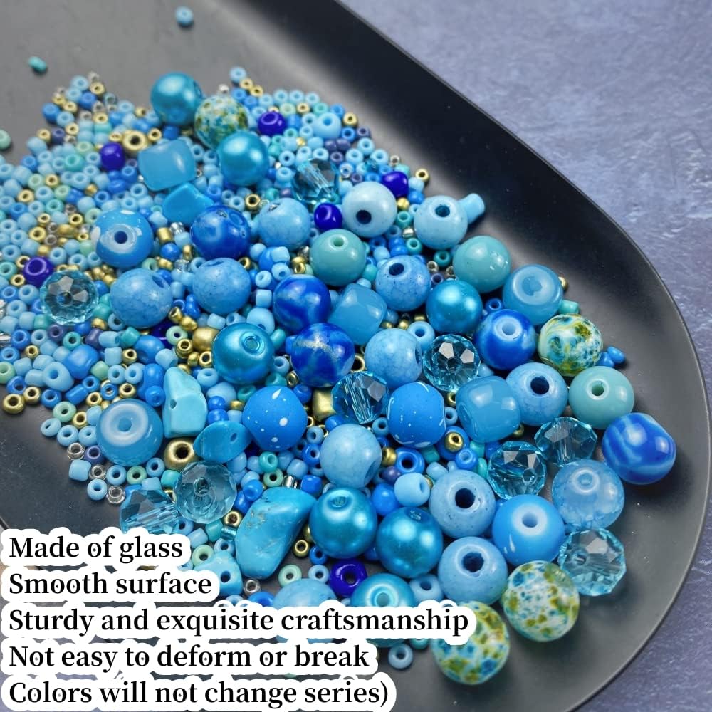 Assorted Glass Resin Beads Multi Size Colors Smooth Cracked Gravel Millet Spacer Beads for Bracelets Necklace Earring DIY Jewelry Making Craft(Lake Blue Series)