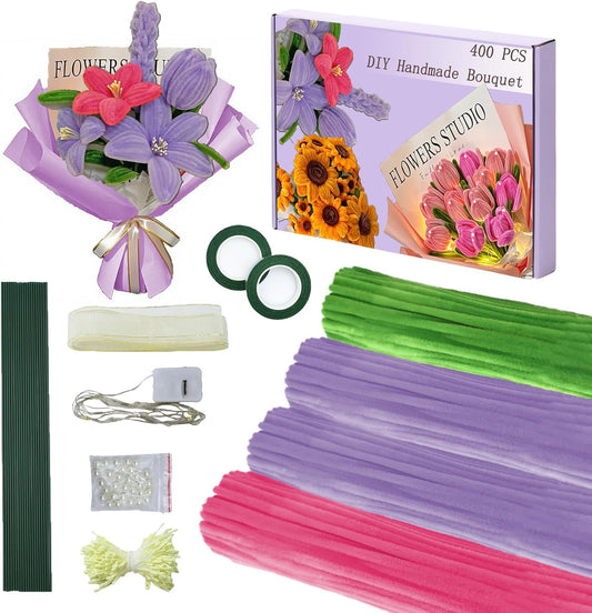 LOLEDE 400Pcs Pipe Cleaners Craft Kit, 3 Colors Chenille Stems for DIY Artificial Flower Making with Floral Wires, Gardening Tape, LED String Lights, Pearl Beads & Ribbon (Purple)