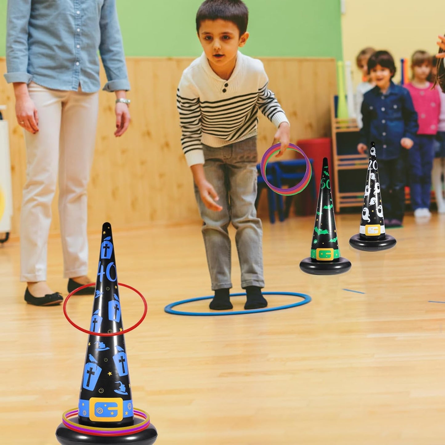 Halloween Ring Toss Game Set, 5Pcs Inflatable Witch Hats with 10Pcs Colorful Plastic Rings and Air Pump for Halloween Party Games Super Fun Indoor Outdoor Party Supplies