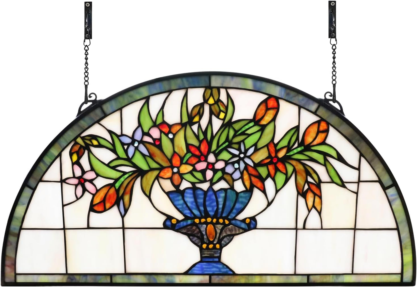 24 inch Flower Stained Glass Window Hanging Half Moon Shade,100% Real Stained Glass Panelfor Home Decor(YLK005)