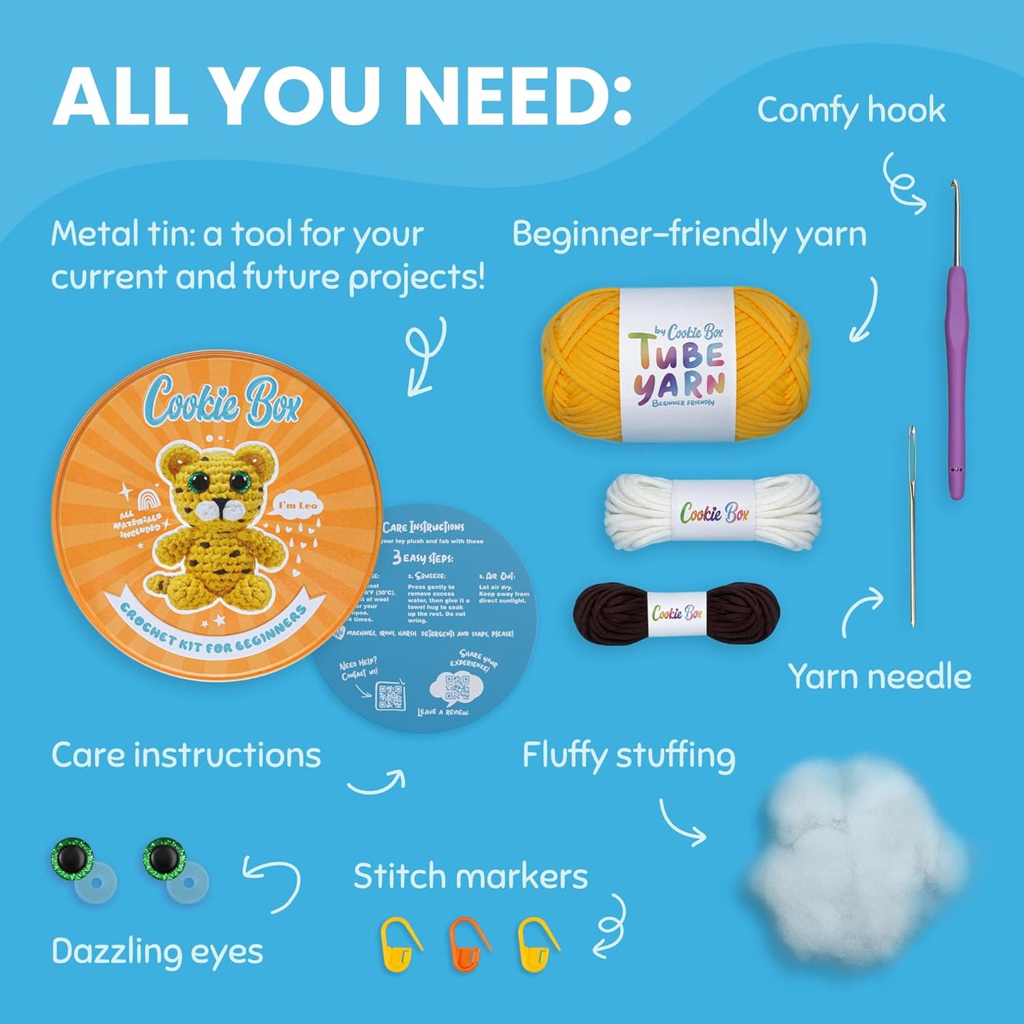 Cookie Box Crochet Kit for Beginners – Gift Set to Make Leopard Leo Amigurumi Plushie – Easy DIY Crochet & Knitting Starter Kit with Video and PDF Tutorials