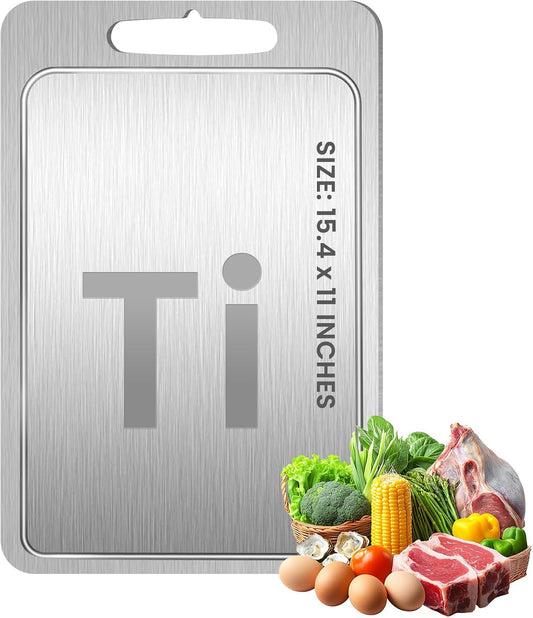 Titanium Cutting Board with Juice Groove-Pure Titanium Cutting Boards For Kitchen，Double-Sided Metal Chopping Board Titanware Cutting Mat for Cutting Meats, Fruits & Vegetables (15.4"L x 11"W)