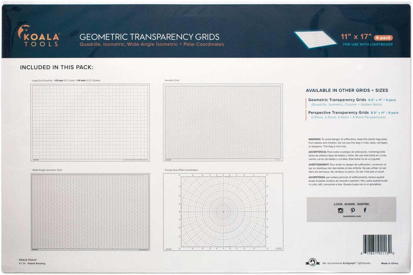 Koala Tools | Geometric Grid Transparency Sheets (Variety Pack of 4) - 11" x 17" | Overhead Projector and Light Box Transparencies - Tracing Film for Sketching & Drawing
