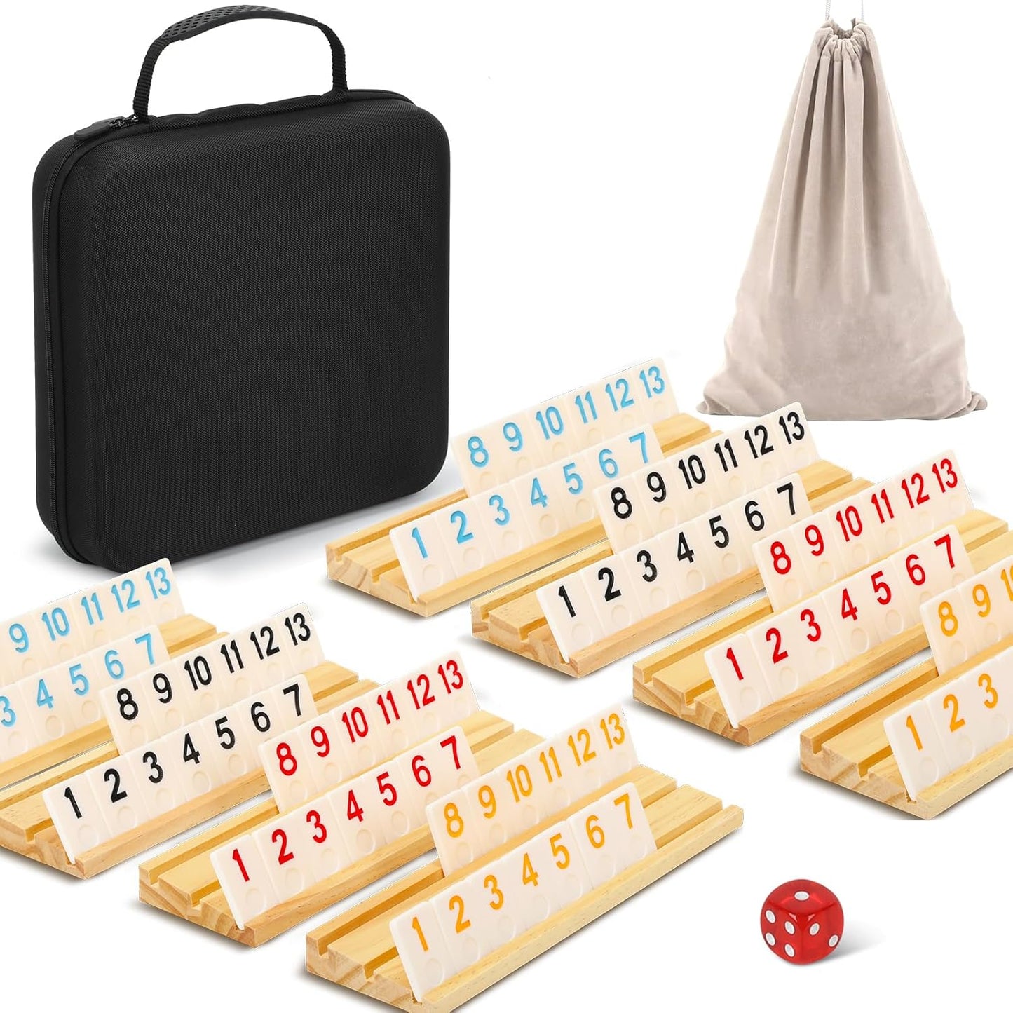 2-8 Players Rummy Game Set, 214 Melamine Tiles, 8 Wooden Racks, Drawstring Bag, Premium Portable Case, Tile Board Games for Adults, Travel, Birthday Gifts for Men Women Dad Mom