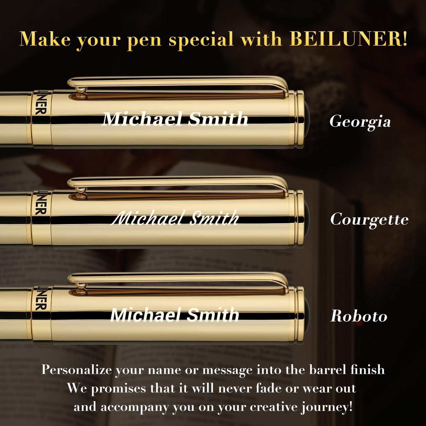 BEILUNER Gold Personalized Fountain Pen,Stunning Luxury Surface,24K Gilded Nib(Fine),Gorgeous 24K Gold Finish, Ink Converter,Fancy Gift for Men&Women-Elegant, Graduation,Office Pens for Writing