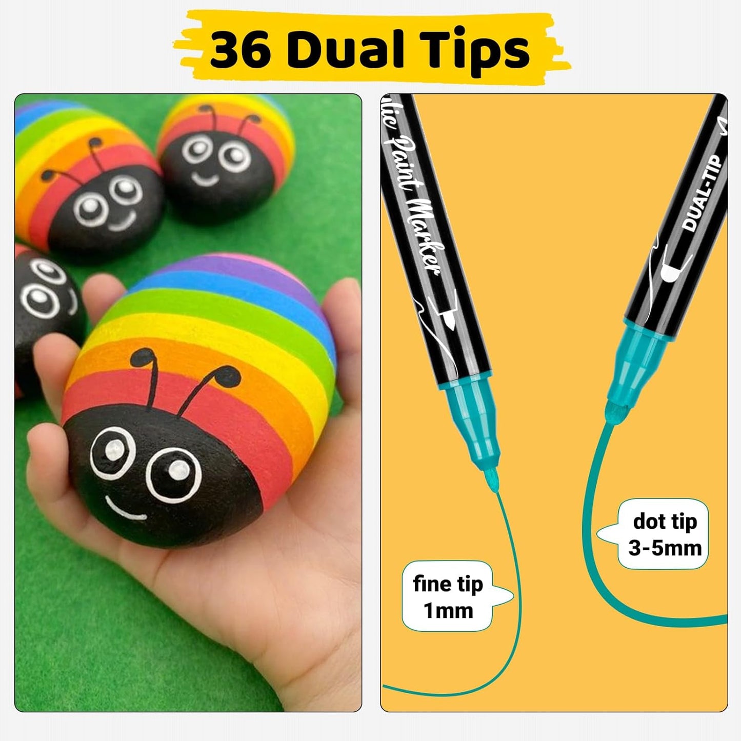 Dual Tip Acrylic Paint Pens 36 Colors Markers Set, New Acrylic Paint Markers, Art Supplies Set for Adults, Kids, Teen, Suitable for fabric, rock, wood, glass, ceramic and other DIY crafts