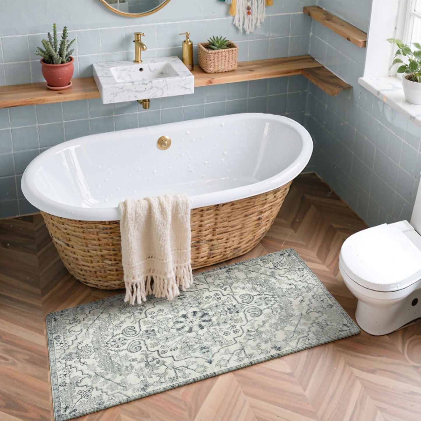 Lahome Washable Runner Rug 2x5, Bohemian Laundry Room Rug Low Pile Bathroom Runner Rugs with Rubber Backing, Printed Non-Slip Throw Carpet Runners for Kitchen Hallway Bedside, Beige