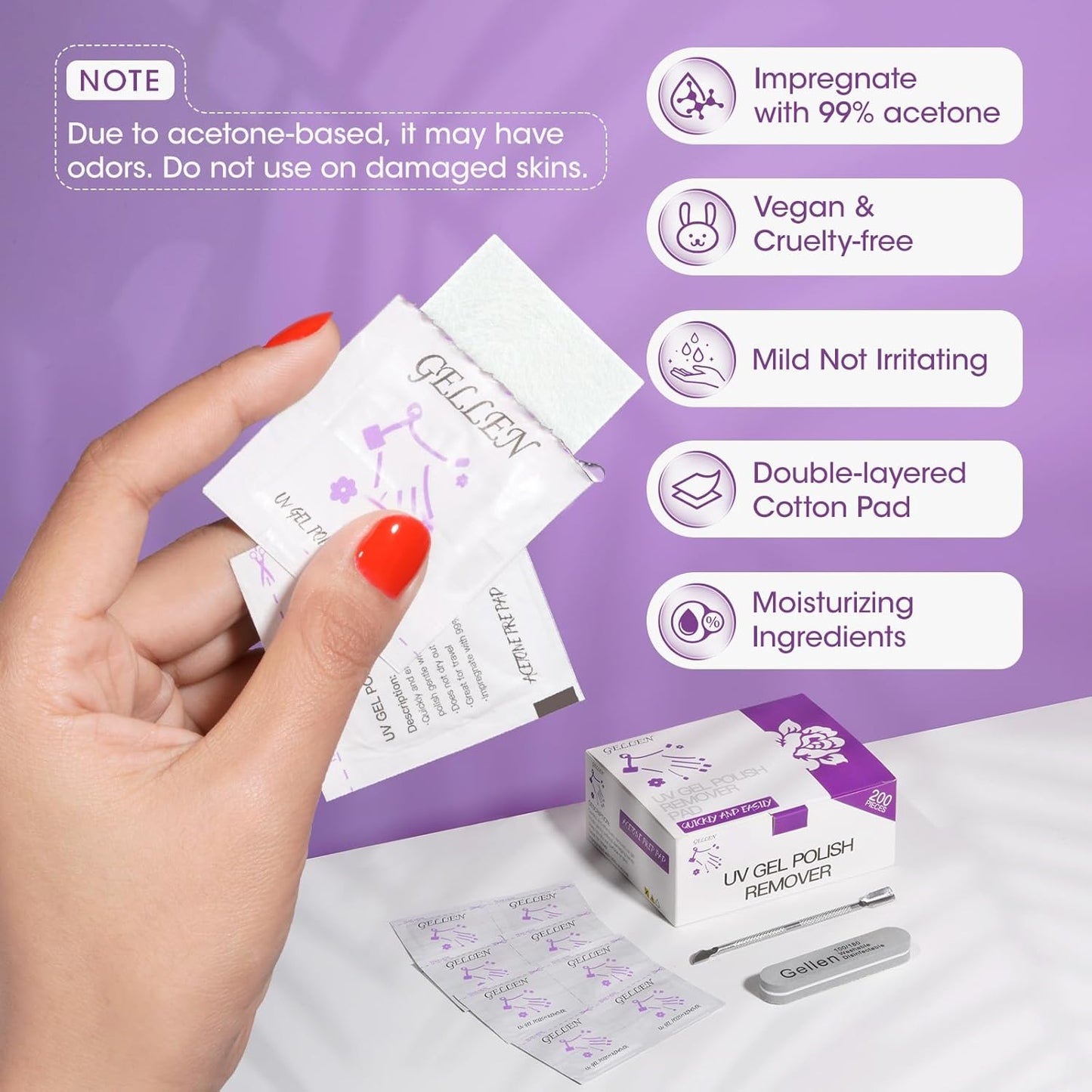 GELLEN Acetone Nail Polish Remover Pads, Professional Gel Polish Remover Pads, 200 Pack Travel Bulk Set with Tools, Individually Wrapped Quick & Effective Soak Off Remover for Salon Home
