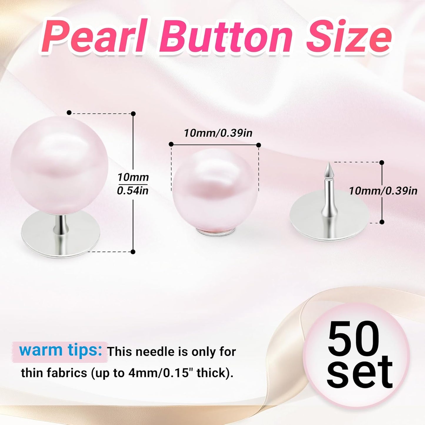 50 Sets Pearl Buttons No Sew Buttons for Clothes, 10mm Pearl Brooch Pins Reusable for Women, Pink Safety Pins for Dresses, Shirts, DIY Crafts, Fashion Decorative Accessories