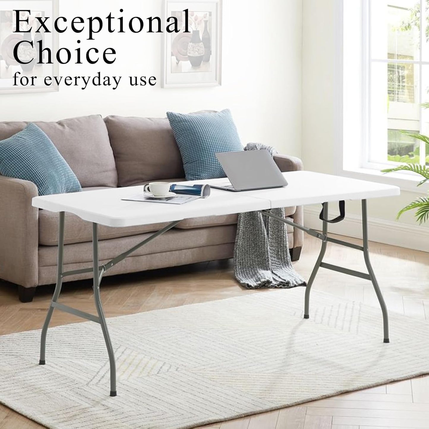 Folding Tables with Carrying Handle Heavy Duty Rectangular Portable Plastic Camping Table Steel Legs for Party, Dining, Wedding, Events, Picnic Indoor, Outdoor (8FT, White)